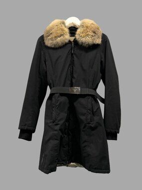 PRADA AW06 Black Gore-Tex Fox Fur Collar Logo Belted Padded Coat Sz IT 44 Vtg